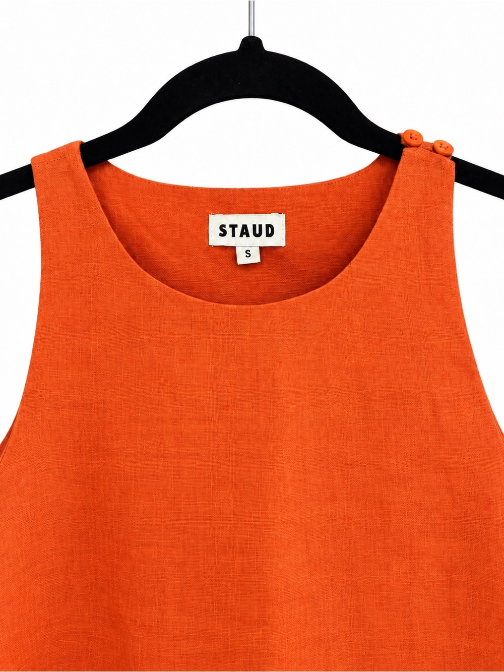 STAUD Orange Linen-Blend Sleeveless Tank with White Floral Cutout Hem - Picture 2 of 3